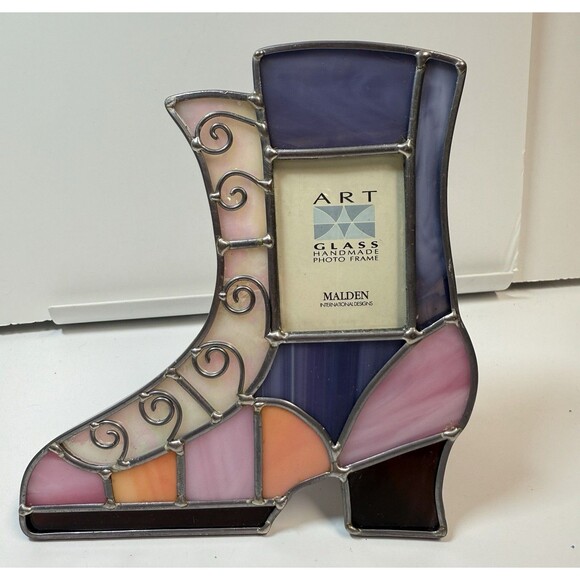 Art Glass Handmade Photo Frame Stain Glass Boot Shoe Shape Frame - Picture 1 of 9